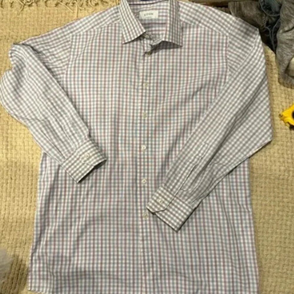 ETON CONTEMPORARY 161/2 KHAKIS CARMEL POPLIN LONG SLEEVE MENS BOTTOM DOWN BLUE